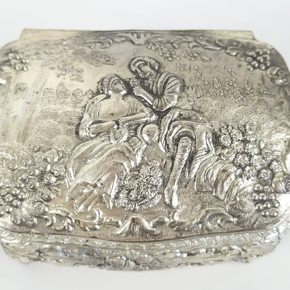 VTG Silver Tone Ornate Footed Jewelry Trinket Box Lined Victorian Cottage 4x2.5